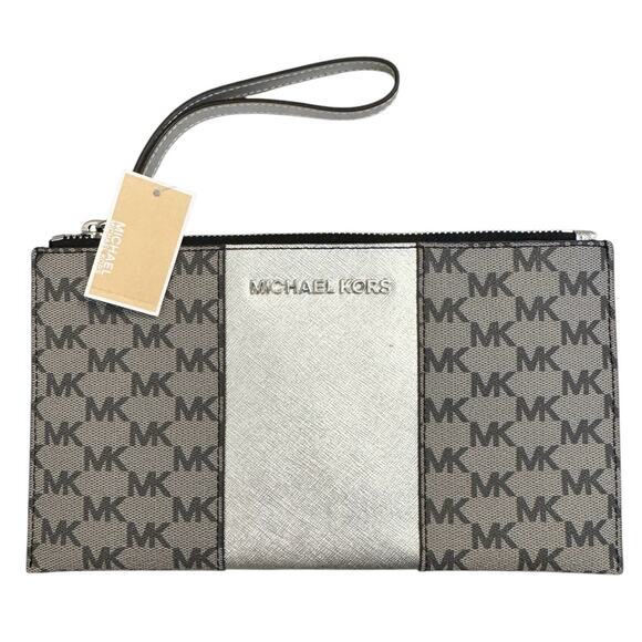 Michael Kors Center Stripe Signature Zip CLUTCH Wristlet Wallet Gray Silver NEW - Picture 1 of 6